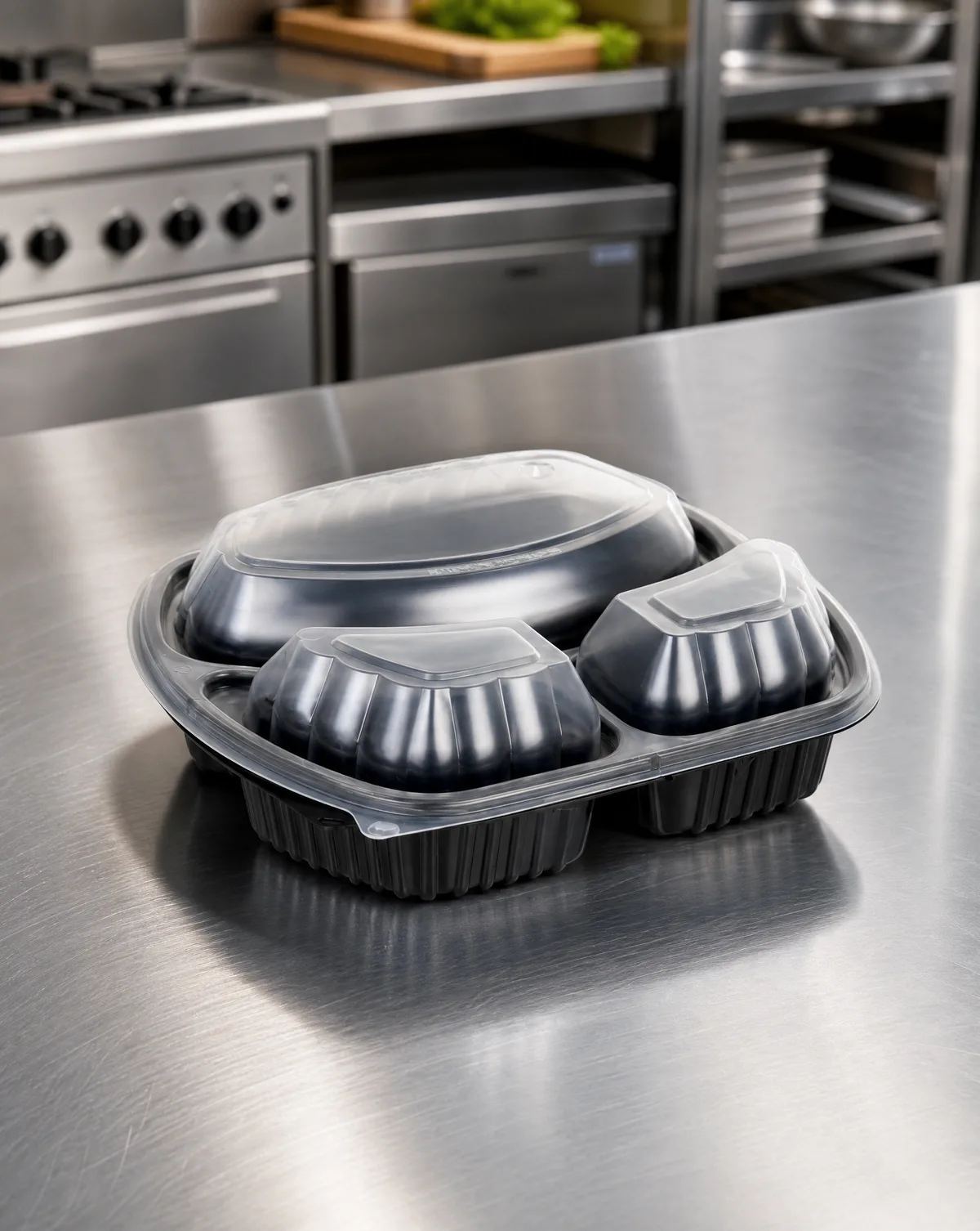 Black PP compartment container with clear hinged lid