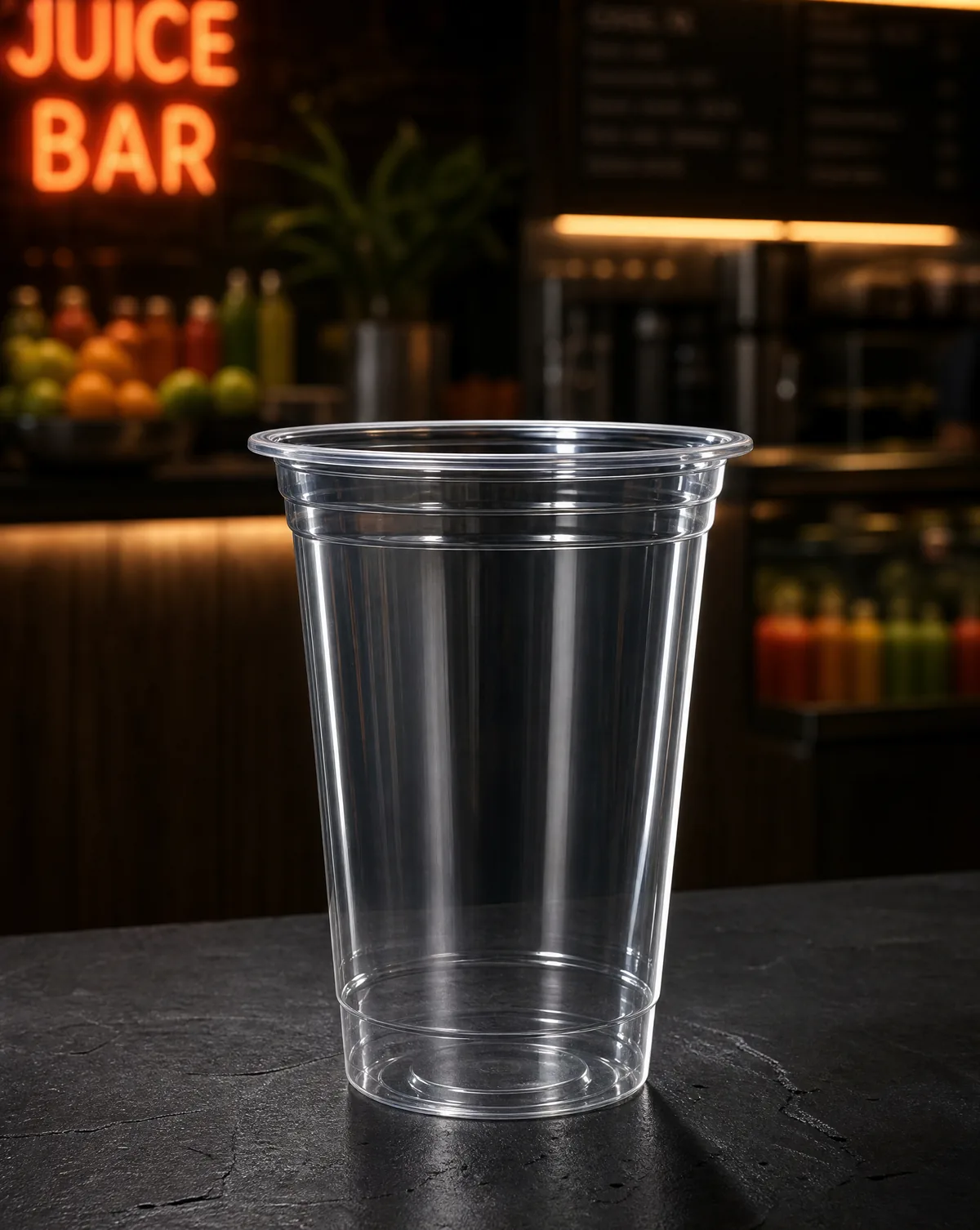 Clear PET cold cup at a juice bar