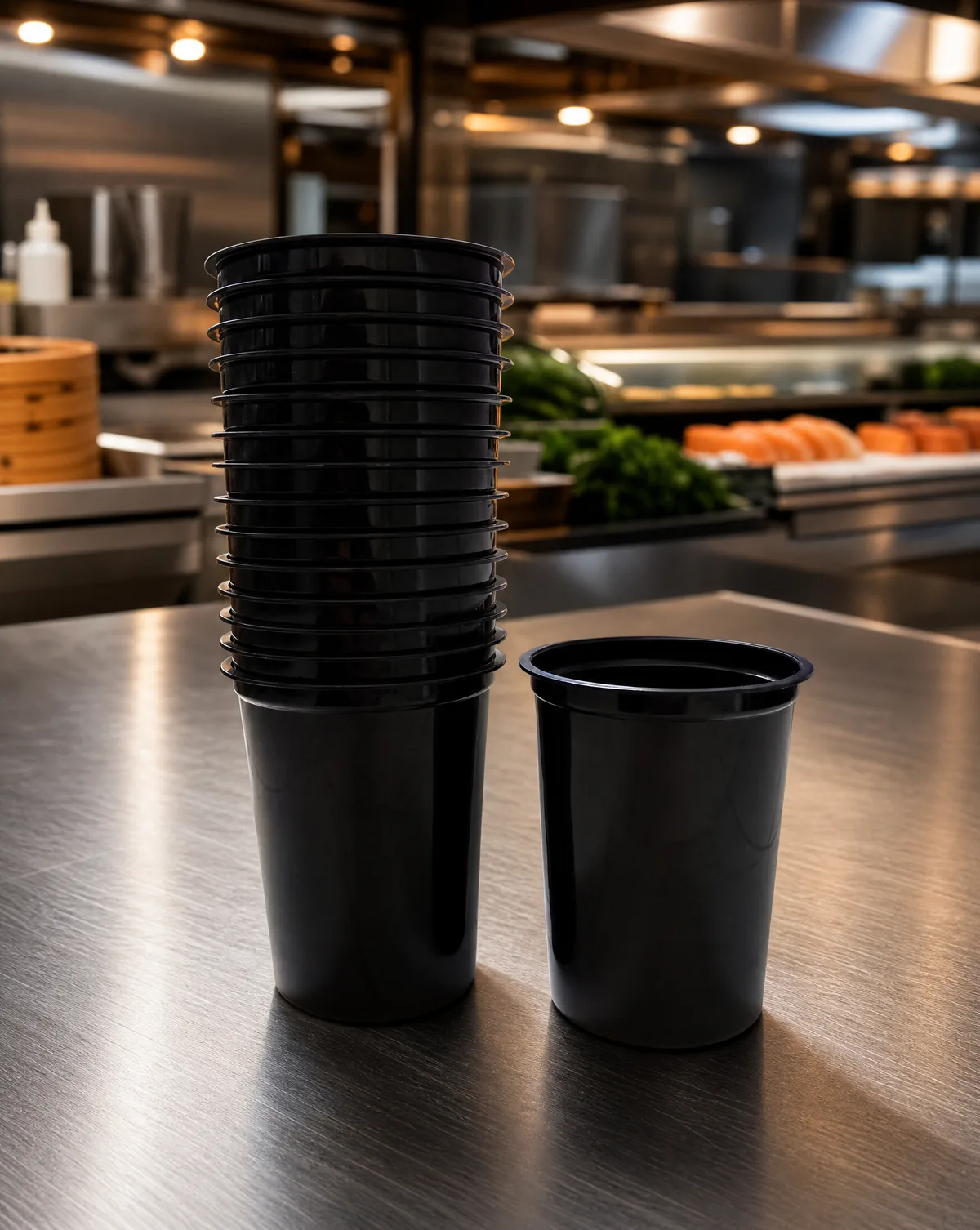Black PP portion cups stacked on a commercial kitchen counter