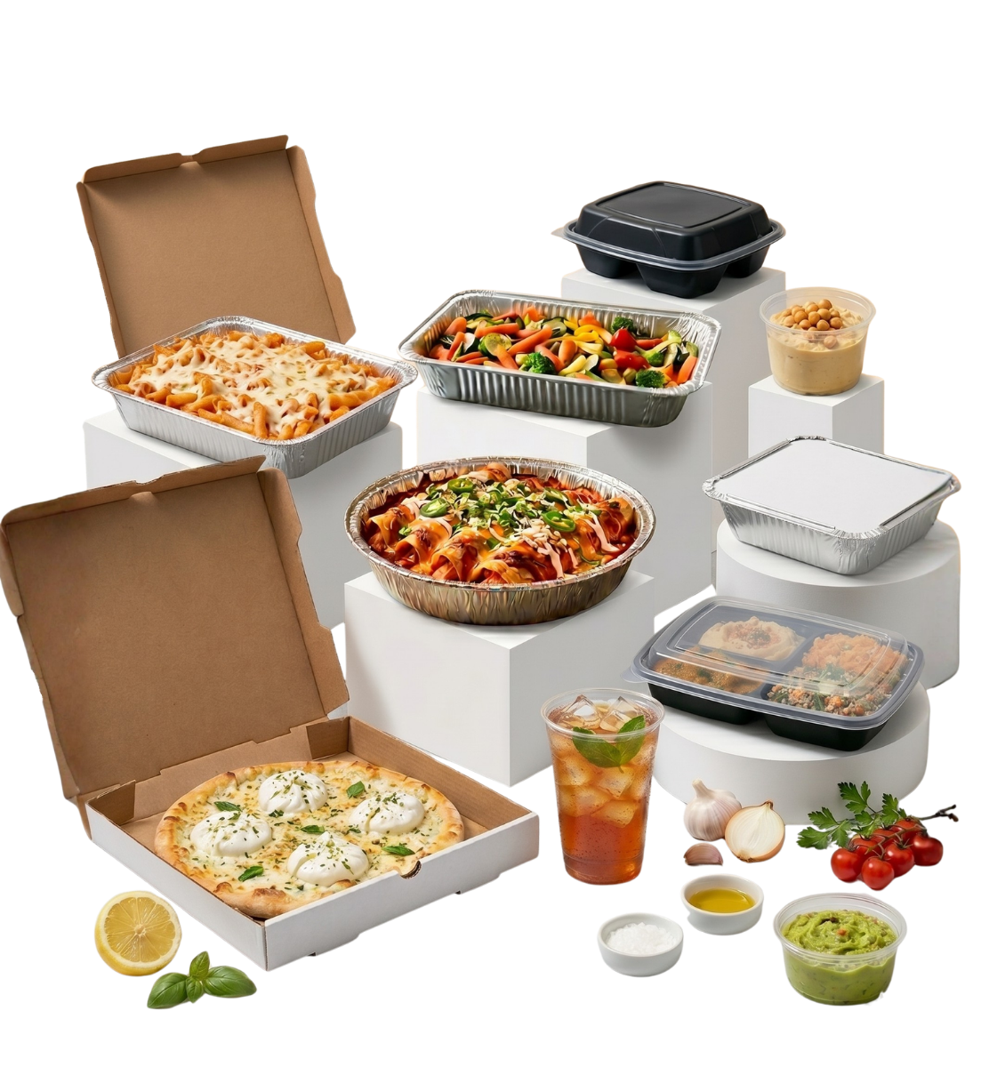 Purple Packaging product cluster — pizza boxes, aluminum foil pans, compartment containers, portion cups, and a cold drink cup, all filled with prepared food